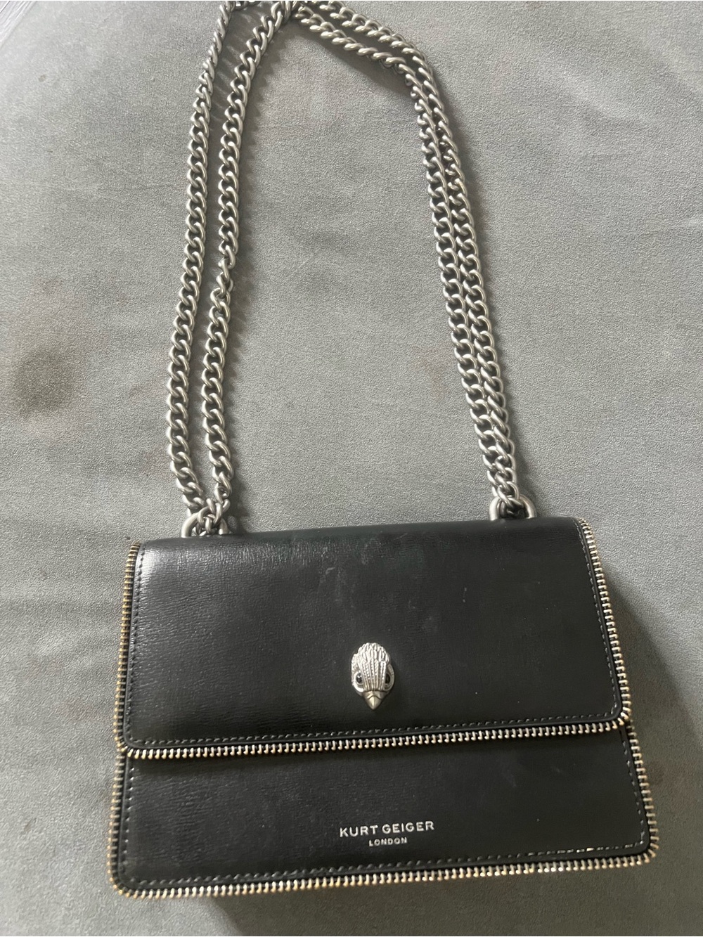 Kurt Geiger Black Leather Shoulder Bag with Silver Chain.
Real.